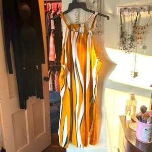 Yellow black and white summer dress. Midi